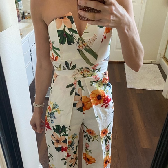 Fashion Nova white multicolor floral strapless cut outs wide leg jumpsuit - Picture 6 of 14